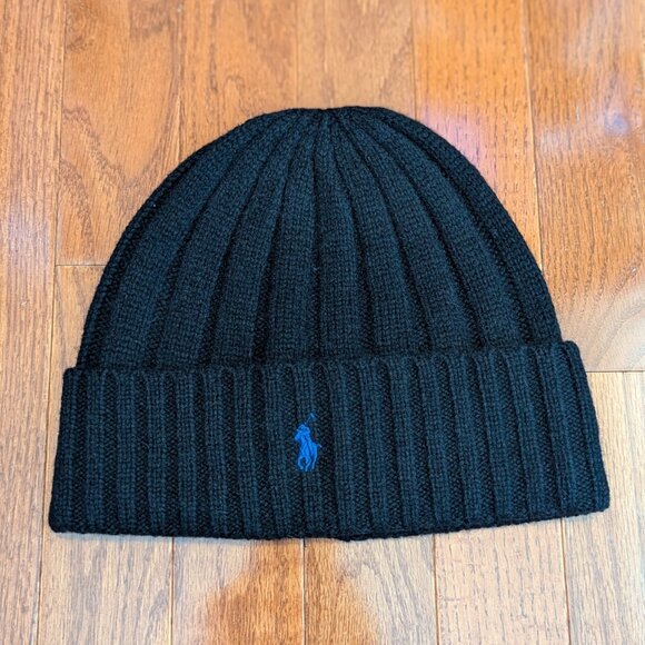 Polo Ralph Lauren PRL Winter Cuffed Wool Beanie Black Blue Logo PP0054 004 - Picture 1 of 3